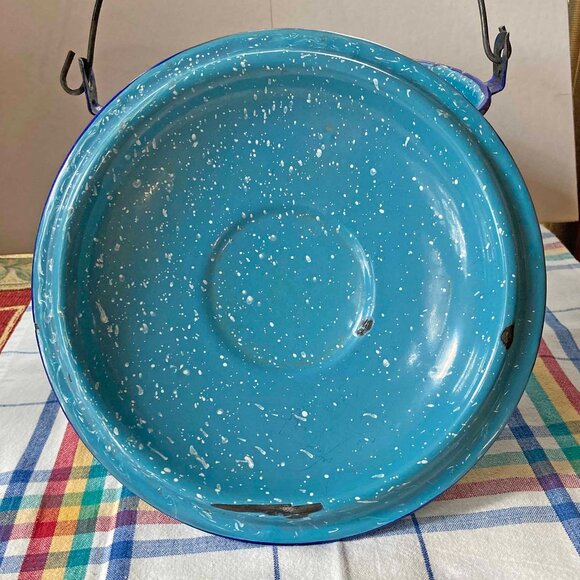 Enamelware Vintage Bucket w Handle & Lid Turquoise Blue - Picture 3 of 6